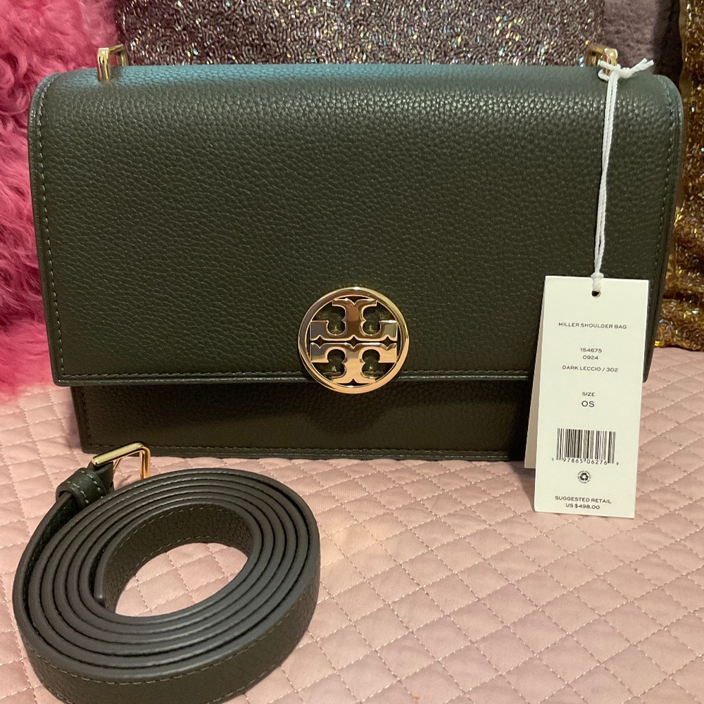 Tory Burch Olive Green Leather/Suede Crossbody/Shoulder Handbag w/Gold hardware.